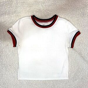 Pacsun White Cropped Ringer Tee with Red/Blue Striped Neckline (Size Medium)